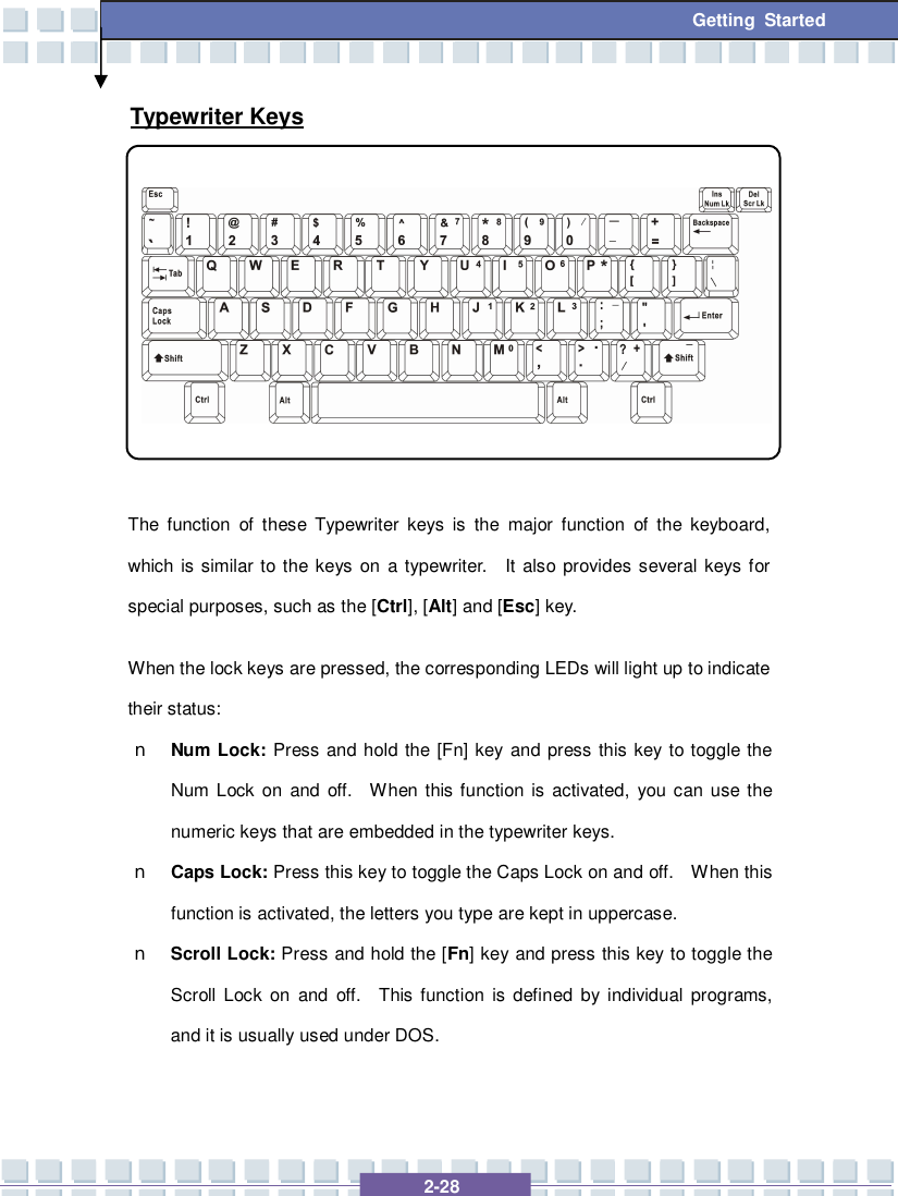   2-28  Getting Started Typewriter Keys          The function of these Typewriter keys is the major function of the keyboard, which is similar to the keys on a typewriter.  It also provides several keys for special purposes, such as the [Ctrl], [Alt] and [Esc] key. When the lock keys are pressed, the corresponding LEDs will light up to indicate their status: n Num Lock: Press and hold the [Fn] key and press this key to toggle the Num Lock on and off.  When this function is activated, you can use the numeric keys that are embedded in the typewriter keys. n Caps Lock: Press this key to toggle the Caps Lock on and off.  When this function is activated, the letters you type are kept in uppercase. n Scroll Lock: Press and hold the [Fn] key and press this key to toggle the Scroll Lock on and off.  This function is defined by individual programs, and it is usually used under DOS. 