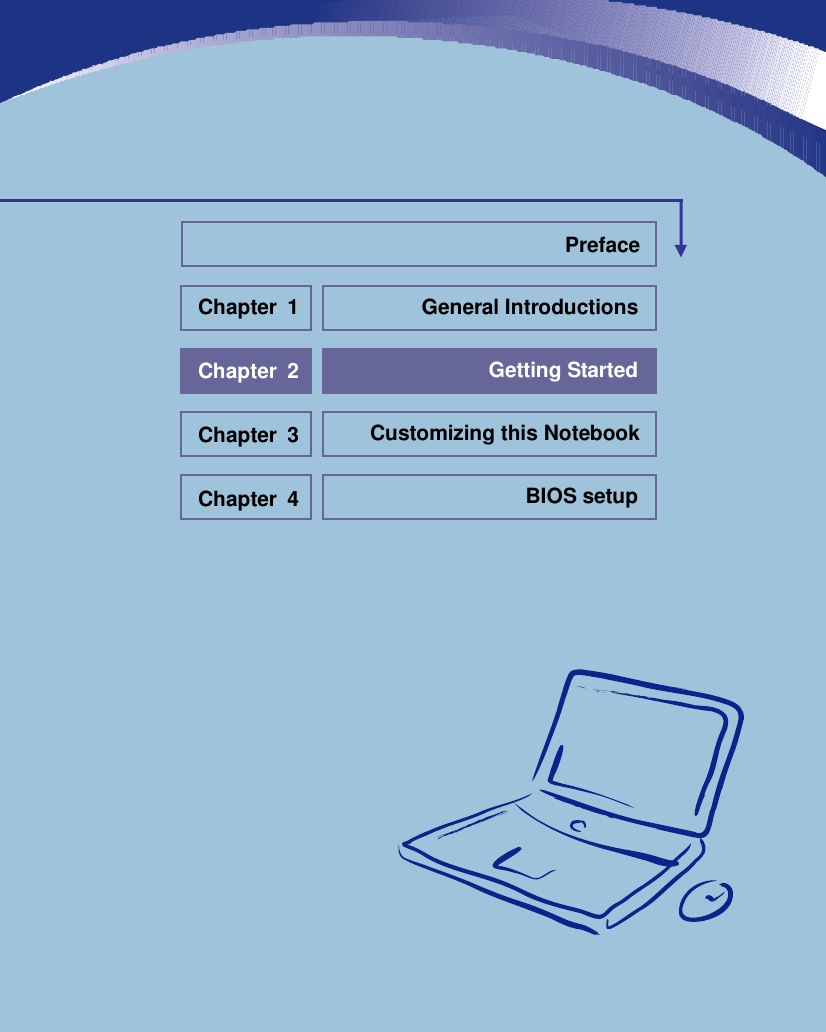                            General Introductions Chapter 1 Getting Started Chapter 2 Customizing this Notebook Chapter 3 BIOS setup Chapter 4 Preface 