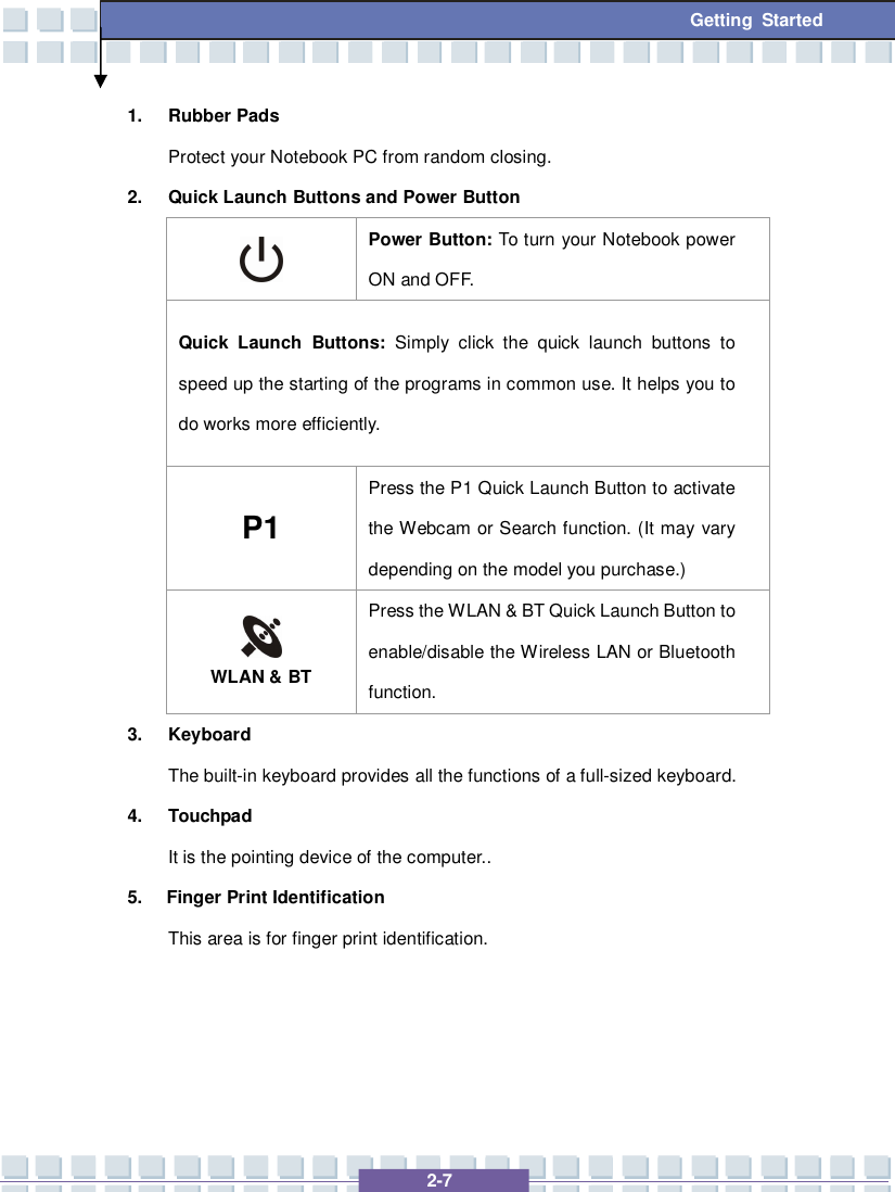   2-7 Getting Started 1. Rubber Pads Protect your Notebook PC from random closing. 2. Quick Launch Buttons and Power Button  Power Button: To turn your Notebook power ON and OFF. Quick Launch Buttons: Simply click the quick launch buttons to speed up the starting of the programs in common use. It helps you to do works more efficiently. P1 Press the P1 Quick Launch Button to activate the Webcam or Search function. (It may vary depending on the model you purchase.)  WLAN &amp; BT Press the WLAN &amp; BT Quick Launch Button to enable/disable the Wireless LAN or Bluetooth  function. 3. Keyboard The built-in keyboard provides all the functions of a full-sized keyboard.   4. Touchpad It is the pointing device of the computer.. 5. Finger Print Identification This area is for finger print identification.     