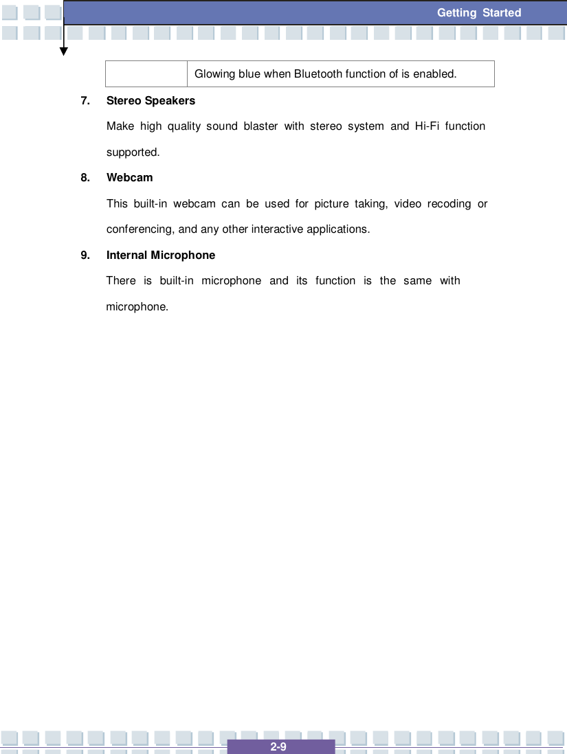   2-9 Getting Started Glowing blue when Bluetooth function of is enabled. 7. Stereo Speakers Make high quality sound blaster with stereo system and Hi-Fi function supported. 8. Webcam  This built-in webcam can be used for picture taking, video recoding or conferencing, and any other interactive applications. 9. Internal Microphone There is built-in microphone and its function is the same with microphone.                