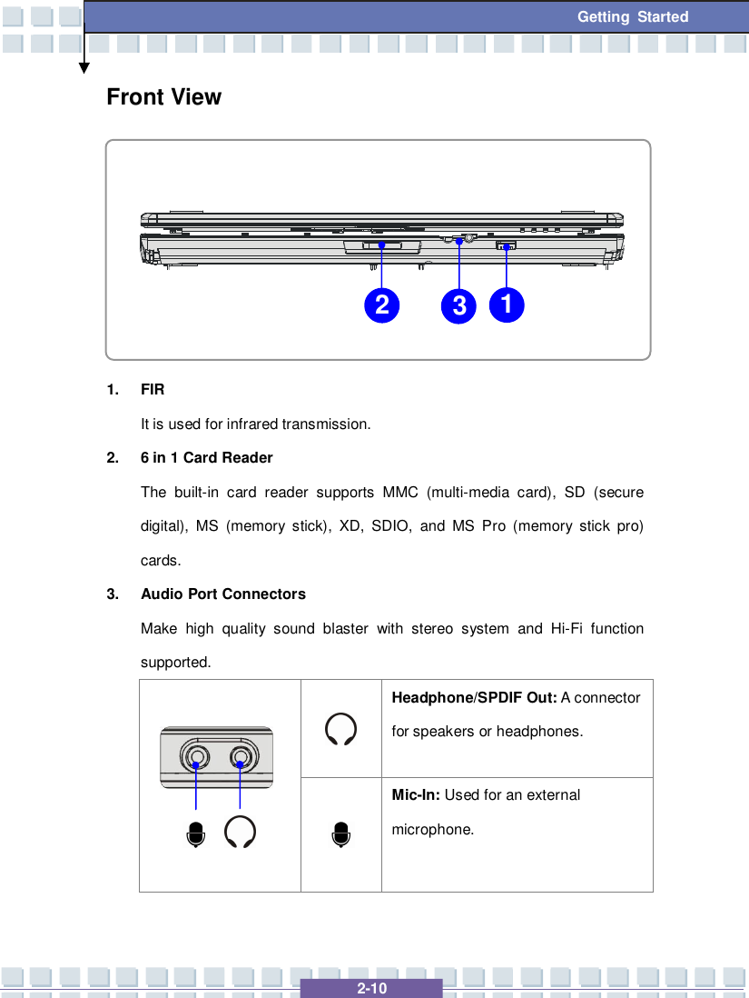   2-10 Getting Started Front View      1. FIR It is used for infrared transmission. 2. 6 in 1 Card Reader The built-in card reader supports MMC (multi-media card), SD (secure digital), MS (memory stick), XD, SDIO, and MS Pro (memory stick pro) cards. 3. Audio Port Connectors Make high quality sound blaster with stereo system and Hi-Fi function supported.   Headphone/SPDIF Out: A connector for speakers or headphones.         Mic-In: Used for an external microphone. 1 2 3 