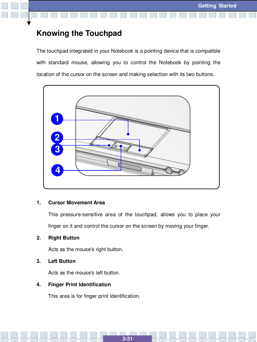   2-31 Getting Started Knowing the Touchpad The touchpad integrated in your Notebook is a pointing device that is compatible with standard mouse, allowing you to control the Notebook by pointing the location of the cursor on the screen and making selection with its two buttons.           1. Cursor Movement Area This pressure-sensitive area of the touchpad, allows you to place your finger on it and control the cursor on the screen by moving your finger. 2. Right Button Acts as the mouse’s right button. 3. Left Button Acts as the mouse’s left button. 4. Finger Print Identification  This area is for finger print identification.  1 2 3 4 