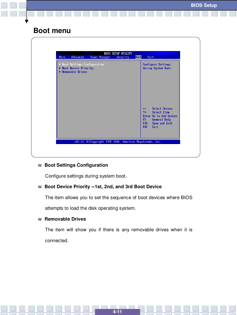   4-11 BIOS Setup Boot menu             w Boot Settings Configuration Configure settings during system boot. w Boot Device Priority --1st, 2nd, and 3rd Boot Device  The item allows you to set the sequence of boot devices where BIOS attempts to load the disk operating system. w Removable Drives The item will show you if there is any removable drives when it is connected.     