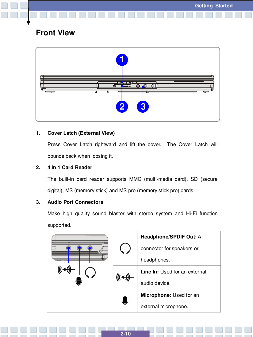   2-10 Getting Started Front View      1. Cover Latch (External View) Press Cover Latch rightward and lift the cover.  The Cover Latch will bounce back when loosing it. 2. 4 in 1 Card Reader The built-in card reader supports MMC (multi-media card), SD (secure digital), MS (memory stick) and MS pro (memory stick pro) cards. 3. Audio Port Connectors Make high quality sound blaster with stereo system and Hi-Fi function supported.   Headphone/SPDIF Out: A connector for speakers or headphones.  Line In: Used for an external audio device.           Microphone: Used for an external microphone. 1 2 3 