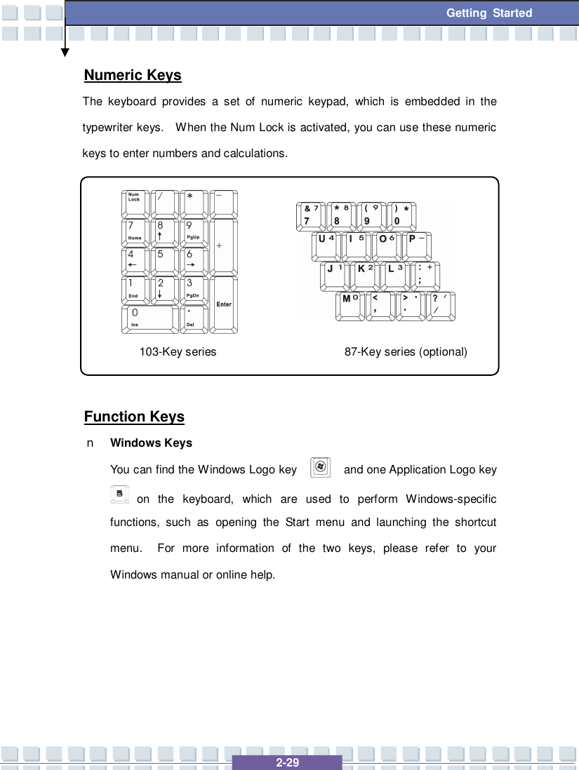   2-29 Getting Started Numeric Keys The keyboard provides a set of numeric keypad, which is embedded in the typewriter keys.  When the Num Lock is activated, you can use these numeric keys to enter numbers and calculations.         Function Keys n Windows Keys You can find the Windows Logo key   and one Application Logo key  on the keyboard, which are used to perform Windows-specific functions, such as opening the Start menu and launching the shortcut menu.  For more information of the two keys, please refer to your Windows manual or online help.      103-Key series  87-Key series (optional) 