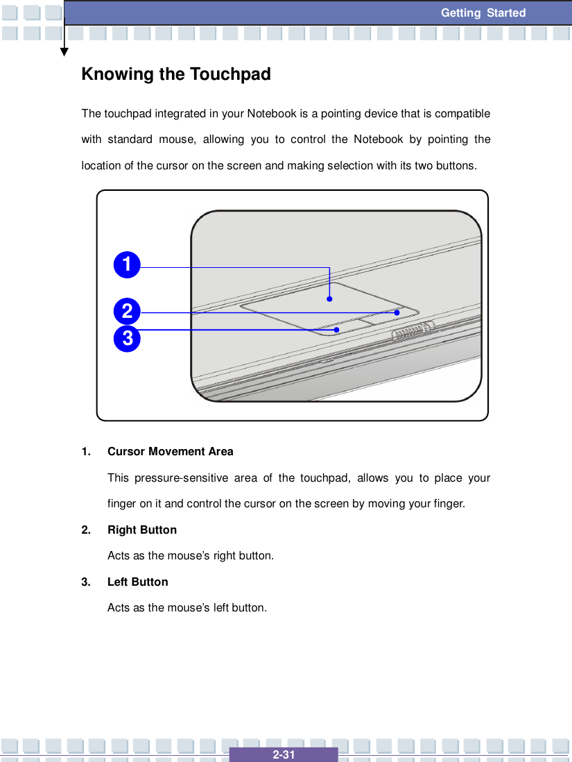   2-31 Getting Started Knowing the Touchpad The touchpad integrated in your Notebook is a pointing device that is compatible with standard mouse, allowing you to control the Notebook by pointing the location of the cursor on the screen and making selection with its two buttons.           1. Cursor Movement Area This pressure-sensitive area of the touchpad, allows you to place your finger on it and control the cursor on the screen by moving your finger. 2. Right Button Acts as the mouse’s right button. 3. Left Button Acts as the mouse’s left button.    1 2 3 