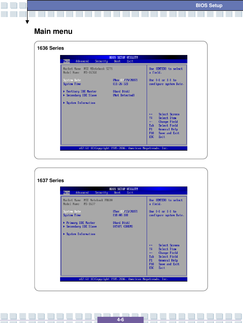   4-6 BIOS Setup Main menu  1636 Series            1637 Series           