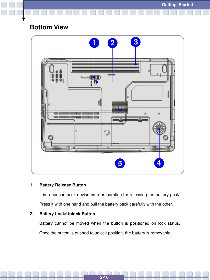   2-16 Getting Started Bottom View                1. Battery Release Button It is a bounce-back device as a preparation for releasing the battery pack. Press it with one hand and pull the battery pack carefully with the other. 2. Battery Lock/Unlock Button Battery cannot be moved when the button is positioned on lock status. Once the button is pushed to unlock position, the battery is removable.   2 1 3 4 5 