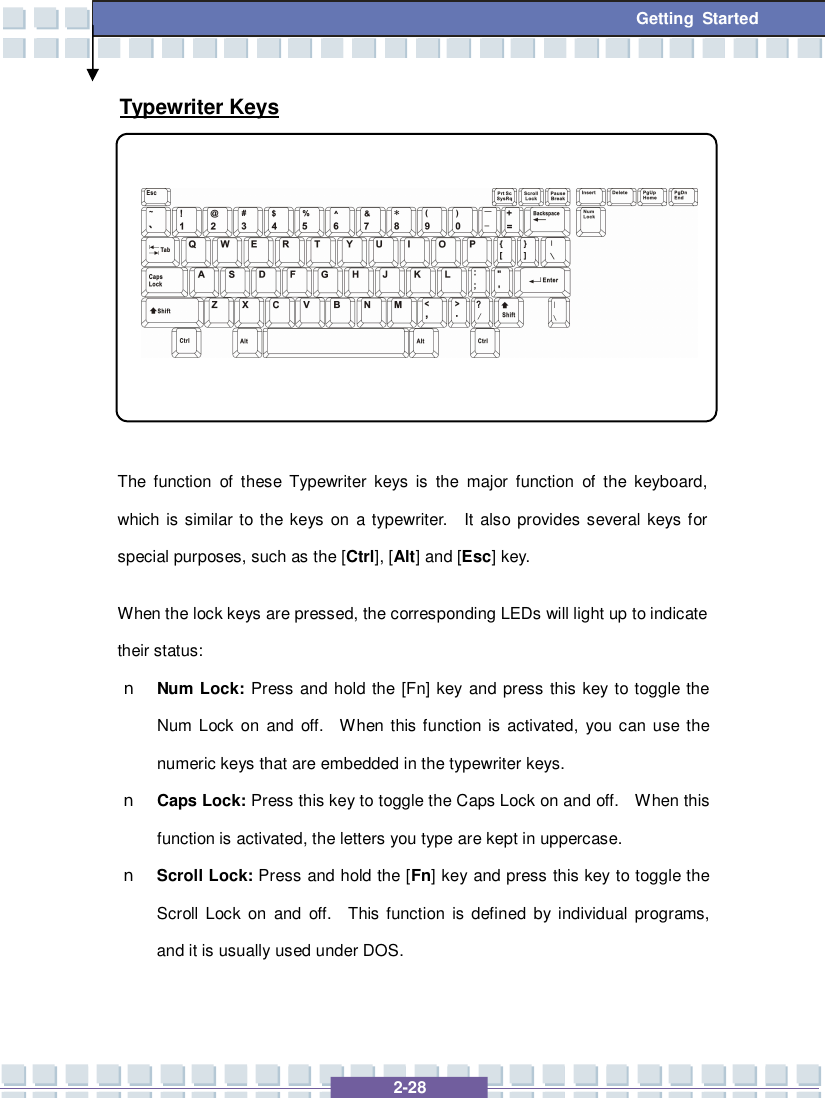   2-28 Getting Started Typewriter Keys          The function of these Typewriter keys is the major function of the keyboard, which is similar to the keys on a typewriter.  It also provides several keys for special purposes, such as the [Ctrl], [Alt] and [Esc] key. When the lock keys are pressed, the corresponding LEDs will light up to indicate their status: n Num Lock: Press and hold the [Fn] key and press this key to toggle the Num Lock on and off.  When this function is activated, you can use the numeric keys that are embedded in the typewriter keys. n Caps Lock: Press this key to toggle the Caps Lock on and off.  When this function is activated, the letters you type are kept in uppercase. n Scroll Lock: Press and hold the [Fn] key and press this key to toggle the Scroll Lock on and off.  This function is defined by individual programs, and it is usually used under DOS. 