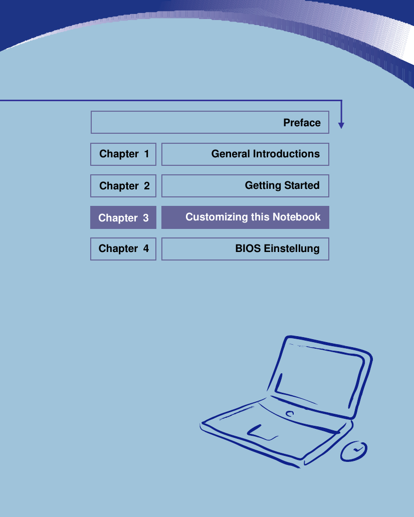                            General Introductions Chapter 1 Getting Started Chapter 2 Customizing this Notebook Chapter 3 BIOS Einstellung Chapter 4 Preface 