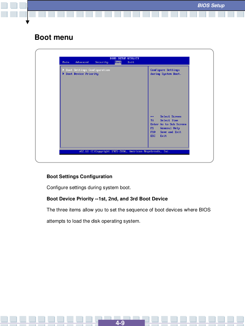   4-9  BIOS Setup Boot menu            Boot Settings Configuration Configure settings during system boot. Boot Device Priority --1st, 2nd, and 3rd Boot Device  The three items allow you to set the sequence of boot devices where BIOS attempts to load the disk operating system.      