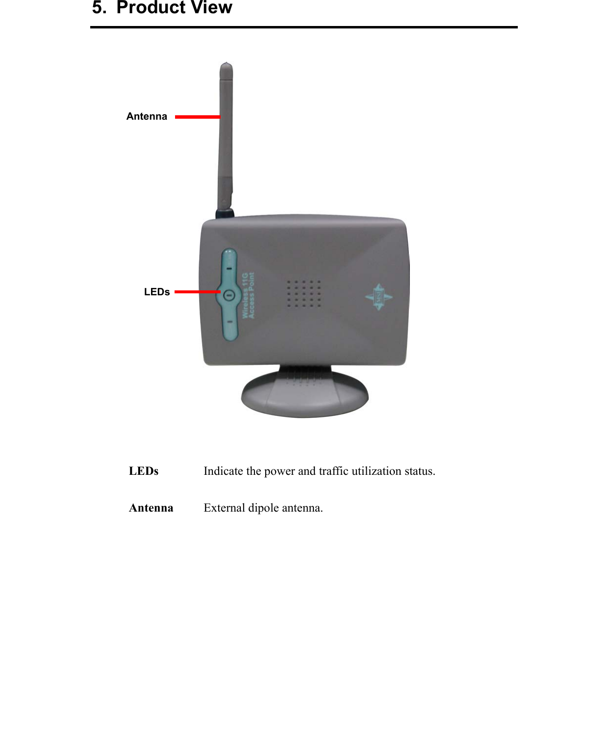 5. Product View     LEDs  Indicate the power and traffic utilization status.  Antenna  External dipole antenna.   LEDs Antenna 