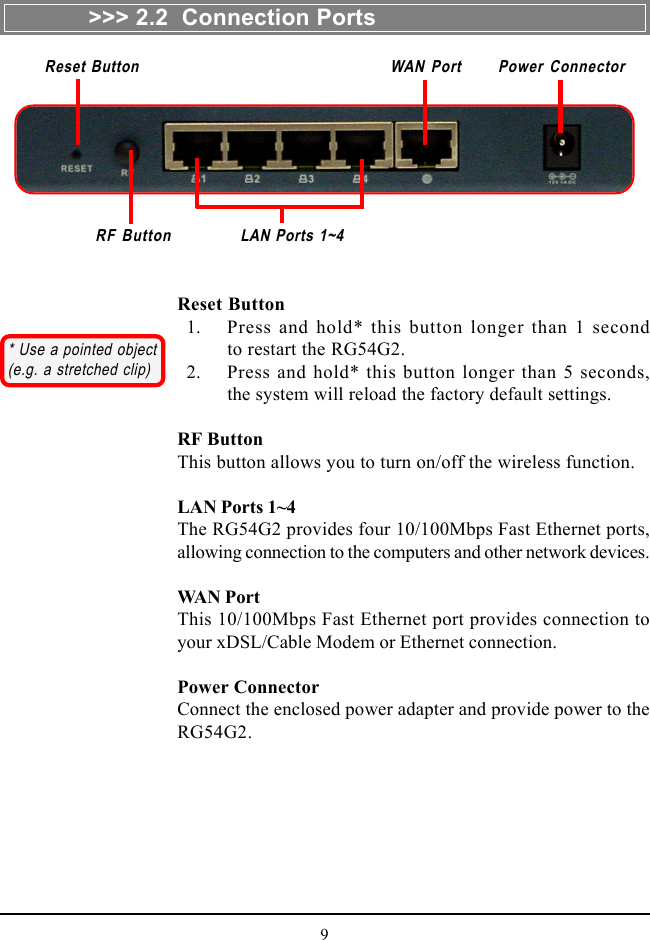 9&gt;&gt;&gt; 2.2  Connection PortsLAN Ports 1~4RF ButtonReset Button WAN Port Power ConnectorReset Button  1. Press and hold* this button longer than 1 secondto restart the RG54G2.  2. Press and hold* this button longer than 5 seconds,the system will reload the factory default settings.RF ButtonThis button allows you to turn on/off the wireless function.LAN Ports 1~4The RG54G2 provides four 10/100Mbps Fast Ethernet ports,allowing connection to the computers and other network devices.WAN PortThis 10/100Mbps Fast Ethernet port provides connection toyour xDSL/Cable Modem or Ethernet connection.Power ConnectorConnect the enclosed power adapter and provide power to theRG54G2.* Use a pointed object(e.g. a stretched clip)