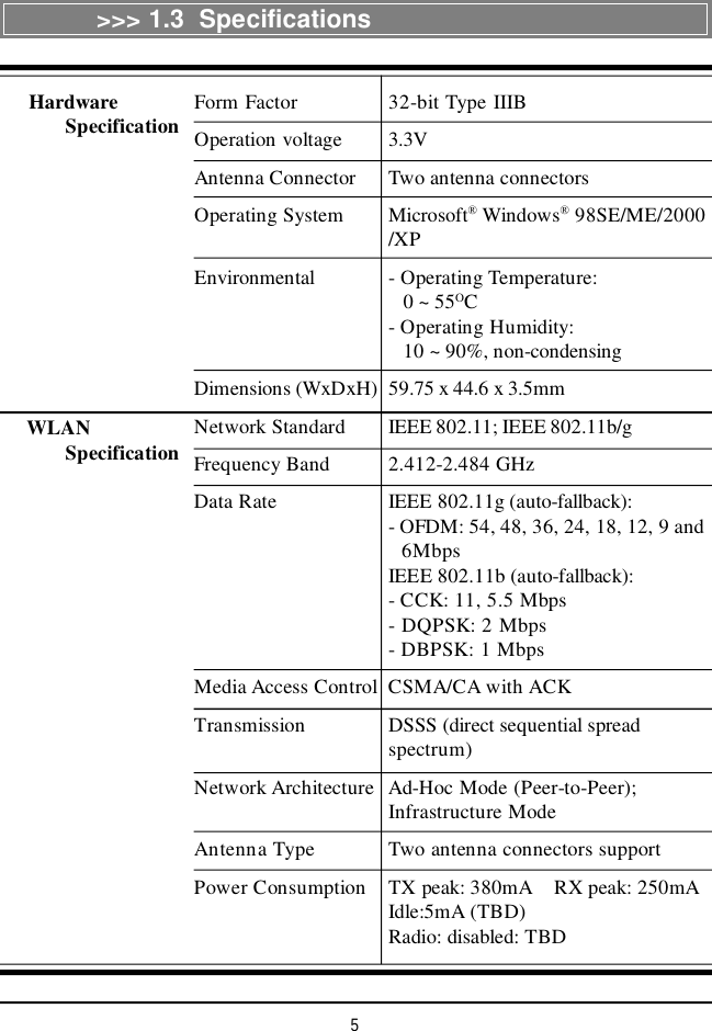 5&gt;&gt;&gt; 1.3  SpecificationsForm Factor 32-bit Type IIIBOperation voltage 3.3VAntenna Connector Two antenna connectorsOperating System Microsoft® Windows® 98SE/ME/2000/XPEnvironmental - Operating Temperature:   0 ~ 55OC- Operating Humidity:   10 ~ 90%, non-condensingDimensions (WxDxH)59.75 x 44.6 x 3.5mmNetwork Standard IEEE 802.11; IEEE 802.11b/gFrequency Band 2.412-2.484 GHzData Rate IEEE 802.11g (auto-fallback):- OFDM: 54, 48, 36, 24, 18, 12, 9 and  6MbpsIEEE 802.11b (auto-fallback):- CCK: 11, 5.5 Mbps- DQPSK: 2 Mbps- DBPSK: 1 MbpsMedia Access ControlCSMA/CA with ACKTransmission DSSS (direct sequential spreadspectrum)Network ArchitectureAd-Hoc Mode (Peer-to-Peer);Infrastructure ModeAntenna Type Two antenna connectors supportPower Consumption TX peak: 380mA    RX peak: 250mAIdle:5mA (TBD)Radio: disabled: TBD      Hardware            Specification      WLAN            Specification