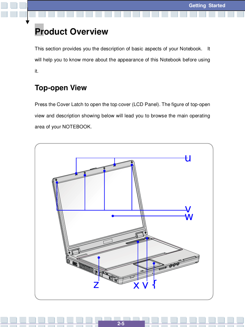   2-5  Getting Started wyzvu{xProduct Overview This section provides you the description of basic aspects of your Notebook.  It will help you to know more about the appearance of this Notebook before using it. Top-open View Press the Cover Latch to open the top cover (LCD Panel). The figure of top-open view and description showing below will lead you to browse the main operating area of your NOTEBOOK.                 