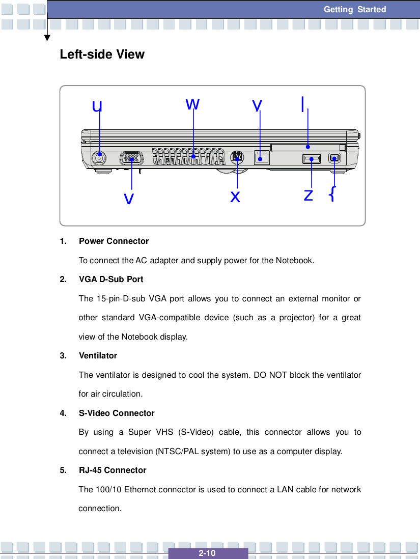   2-10  Getting Started uvwxyz{|Left-side View      1. Power Connector To connect the AC adapter and supply power for the Notebook. 2. VGA D-Sub Port The 15-pin-D-sub VGA port allows you to connect an external monitor or other standard VGA-compatible device (such as a projector) for a great view of the Notebook display. 3. Ventilator The ventilator is designed to cool the system. DO NOT block the ventilator for air circulation. 4. S-Video Connector By using a Super VHS (S-Video) cable, this connector allows you to connect a television (NTSC/PAL system) to use as a computer display. 5. RJ-45 Connector The 100/10 Ethernet connector is used to connect a LAN cable for network connection. 
