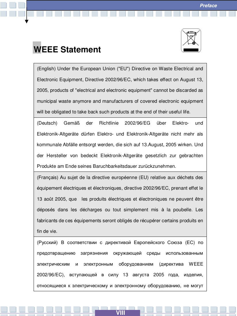   VIII  Preface WEEE Statement                     (English) Under the European Union (&quot;EU&quot;) Directive on Waste Electrical and Electronic Equipment, Directive 2002/96/EC, which takes effect on August 13, 2005, products of &quot;electrical and electronic equipment&quot; cannot be discarded as municipal waste anymore and manufacturers of covered electronic equipment will be obligated to take back such products at the end of their useful life. (Deutsch) Gemäß der Richtlinie 2002/96/EG  über Elektro- und Elektronik-Altgeräte dürfen Elektro- und Elektronik-Altgeräte nicht mehr als kommunale Abfälle entsorgt werden, die sich auf 13.August, 2005 wirken. Und der Hersteller von bedeckt Elektronik-Altgeräte gesetzlich zur gebrachten Produkte am Ende seines Baruchbarkeitsdauer zurückzunehmen. (Français) Au sujet de la directive européenne (EU) relative aux déchets des équipement électriques et électroniques, directive 2002/96/EC, prenant effet le 13 août 2005, que  les produits électriques et électroniques ne peuvent être déposés dans les décharges ou tout simplement mis  à la poubelle. Les fabricants de ces équipements seront obligés de récupérer certains produits en fin de vie. (Русский)  В соответствии с директивой Европейского Союза (ЕС)  по предотвращению загрязнения окружающей среды использованным электрическим и электронным оборудованием (директива WEEE 2002/96/EC),  вступающей в силу 13  августа 2005  года,  изделия, относящиеся к электрическому и электронному оборудованию,  не могут 