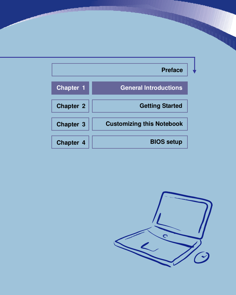                            General Introductions Chapter 1 Getting Started Chapter 2 Customizing this Notebook Chapter 3 BIOS setup Chapter 4 Preface 