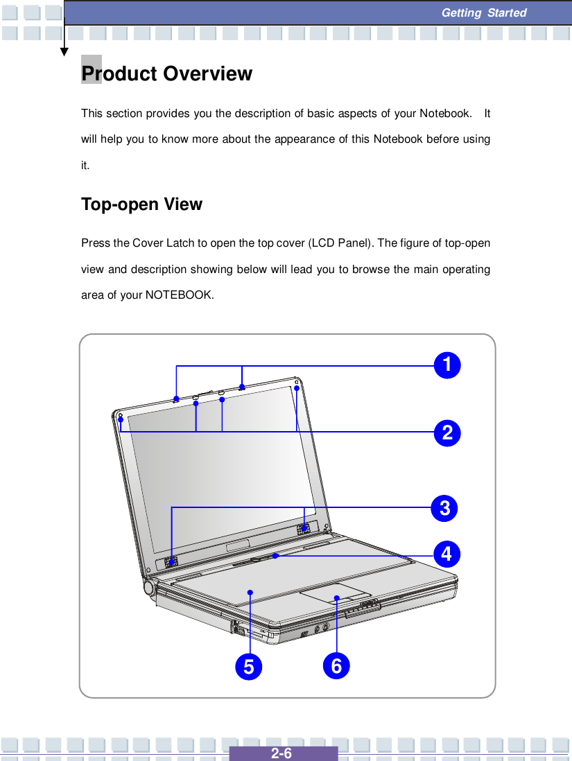   2-6  Getting Started Product Overview This section provides you the description of basic aspects of your Notebook.  It will help you to know more about the appearance of this Notebook before using it. Top-open View Press the Cover Latch to open the top cover (LCD Panel). The figure of top-open view and description showing below will lead you to browse the main operating area of your NOTEBOOK.                 2 1 3 4 5 6 
