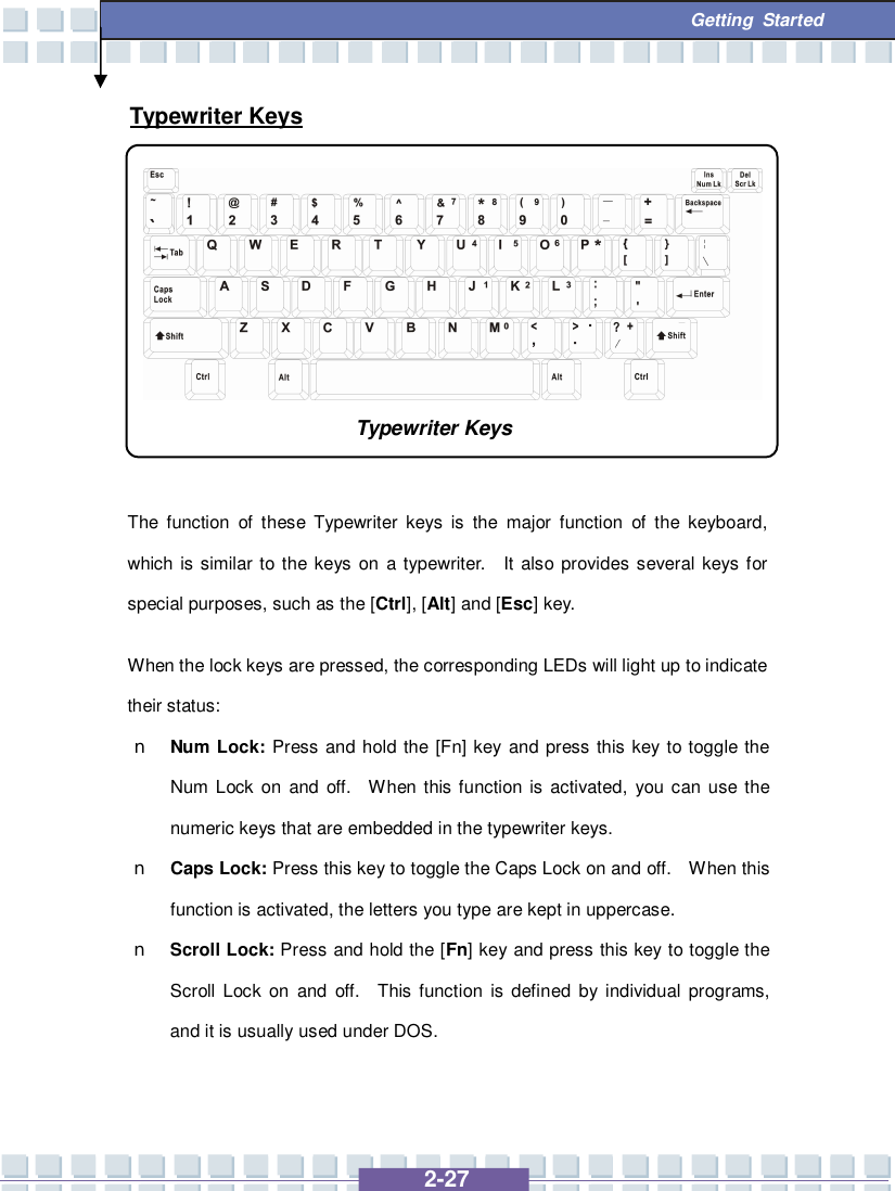   2-27  Getting Started Typewriter Keys          The function of these Typewriter keys is the major function of the keyboard, which is similar to the keys on a typewriter.  It also provides several keys for special purposes, such as the [Ctrl], [Alt] and [Esc] key. When the lock keys are pressed, the corresponding LEDs will light up to indicate their status: n Num Lock: Press and hold the [Fn] key and press this key to toggle the Num Lock on and off.  When this function is activated, you can use the numeric keys that are embedded in the typewriter keys. n Caps Lock: Press this key to toggle the Caps Lock on and off.  When this function is activated, the letters you type are kept in uppercase. n Scroll Lock: Press and hold the [Fn] key and press this key to toggle the Scroll Lock on and off.  This function is defined by individual programs, and it is usually used under DOS. Typewriter Keys 