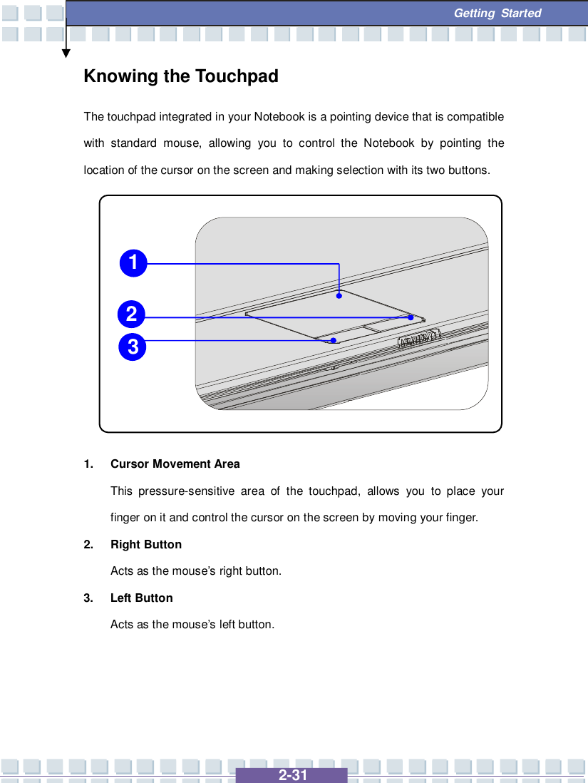   2-31  Getting Started Knowing the Touchpad The touchpad integrated in your Notebook is a pointing device that is compatible with standard mouse, allowing you to control the Notebook by pointing the location of the cursor on the screen and making selection with its two buttons.           1. Cursor Movement Area This pressure-sensitive area of the touchpad, allows you to place your finger on it and control the cursor on the screen by moving your finger. 2. Right Button Acts as the mouse’s right button. 3. Left Button Acts as the mouse’s left button.    2 1 3 