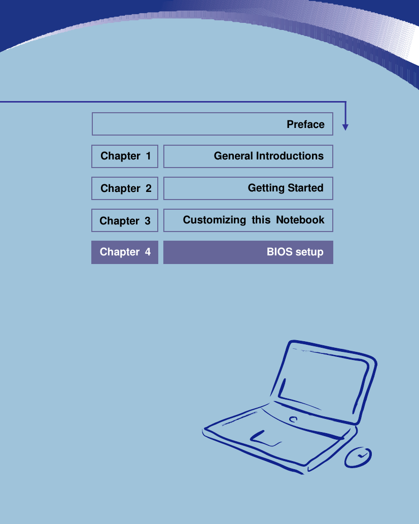                            General Introductions Chapter 1 Getting Started Chapter 2 Customizing this Notebook Chapter 3 BIOS setup Chapter 4 Preface 