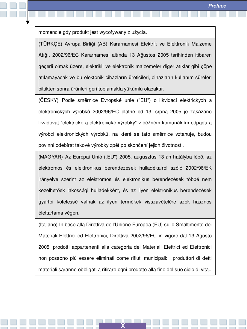   X  Preface momencie gdy produkt jest wycofywany z użycia. (TÜRKÇE) Avrupa Birliği (AB) Kararnamesi Elektrik ve Elektronik Malzeme Atığı, 2002/96/EC Kararnamesi altında 13 Ağustos 2005 tarihinden itibaren geçerli olmak üzere, elektrikli ve elektronik malzemeler diğer atıklar gibi çöpe atılamayacak ve bu elektonik cihazların üreticileri, cihazların kullanım süreleri bittikten sonra ürünleri geri toplamakla yükümlü olacaktır. (ČESKY) Podle směrnice Evropské unie (&quot;EU&quot;) o likvidaci elektrických a elektronických výrobků 2002/96/EC platné od 13. srpna 2005 je zakázáno likvidovat &quot;elektrické a elektronické výrobky&quot; v běžném komunálním odpadu a výrobci elektronických výrobků, na které se tato směrnice vztahuje, budou povinni odebírat takové výrobky zpět po skončení jejich životnosti. (MAGYAR) Az Európai Unió („EU&quot;) 2005. augusztus 13-án hatályba lépő, az elektromos  és elektronikus berendezések hulladékairól szóló 2002/96/EK irányelve szerint az elektromos  és elektronikus berendezések többé nem kezelhetőek lakossági hulladékként,  és az ilyen elektronikus berendezések gyártói kötelessé válnak az ilyen termékek visszavételére azok hasznos élettartama végén. (Italiano) In base alla Direttiva dell’Unione Europea (EU) sullo Smaltimento dei Materiali Elettrici ed Elettronici, Direttiva 2002/96/EC in vigore dal 13 Agosto 2005, prodotti appartenenti alla categoria dei Materiali Elettrici ed Elettronici non possono più essere eliminati come rifiuti municipali: i produttori di detti materiali saranno obbligati a ritirare ogni prodotto alla fine del suo ciclo di vita..   