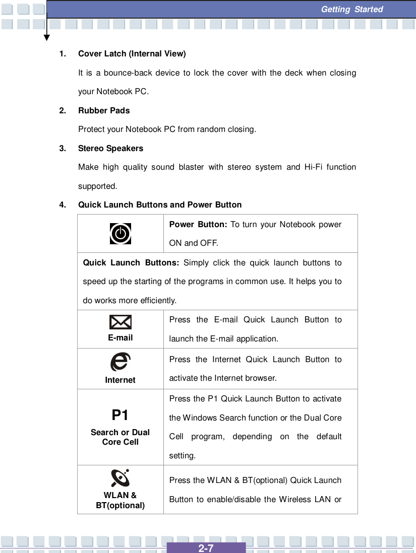   2-7  Getting Started 1. Cover Latch (Internal View) It is a bounce-back device to lock the cover with the deck when closing your Notebook PC. 2. Rubber Pads Protect your Notebook PC from random closing. 3. Stereo Speakers Make high quality sound blaster with stereo system and Hi-Fi function supported. 4. Quick Launch Buttons and Power Button  Power Button: To turn your Notebook power ON and OFF. Quick Launch Buttons: Simply click the quick launch buttons to speed up the starting of the programs in common use. It helps you to do works more efficiently.  E-mail Press the E-mail Quick Launch Button to launch the E-mail application.  Internet Press the Internet Quick Launch Button to activate the Internet browser. P1 Search or Dual Core Cell Press the P1 Quick Launch Button to activate the Windows Search function or the Dual Core Cell program, depending on the default setting.  WLAN &amp; BT(optional) Press the WLAN &amp; BT(optional) Quick Launch Button to enable/disable the Wireless LAN or 
