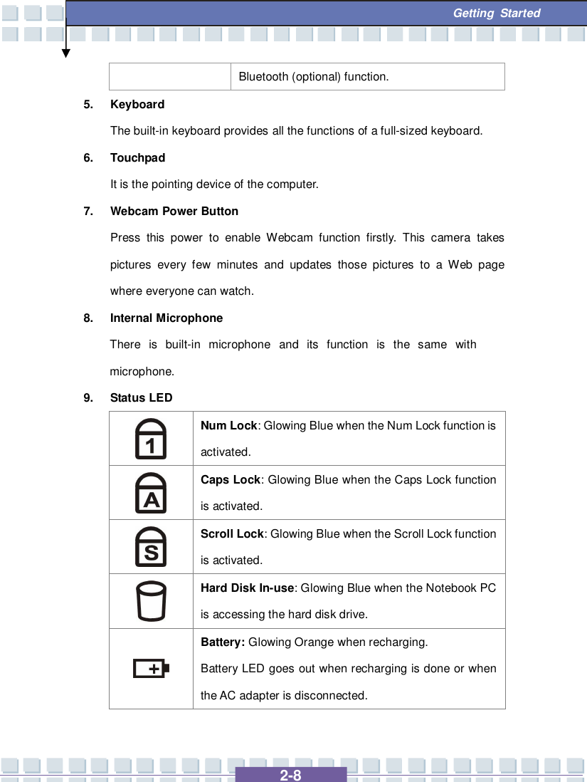   2-8  Getting Started Bluetooth (optional) function. 5. Keyboard The built-in keyboard provides all the functions of a full-sized keyboard.   6. Touchpad It is the pointing device of the computer. 7. Webcam Power Button Press this power to enable Webcam function firstly. This camera takes pictures every few minutes and updates those pictures to a Web page where everyone can watch. 8. Internal Microphone There is built-in microphone and its function is the same with microphone. 9. Status LED  Num Lock: Glowing Blue when the Num Lock function is activated.  Caps Lock: Glowing Blue when the Caps Lock function is activated.  Scroll Lock: Glowing Blue when the Scroll Lock function is activated.  Hard Disk In-use: Glowing Blue when the Notebook PC is accessing the hard disk drive.  Battery: Glowing Orange when recharging.   Battery LED goes out when recharging is done or when the AC adapter is disconnected.  