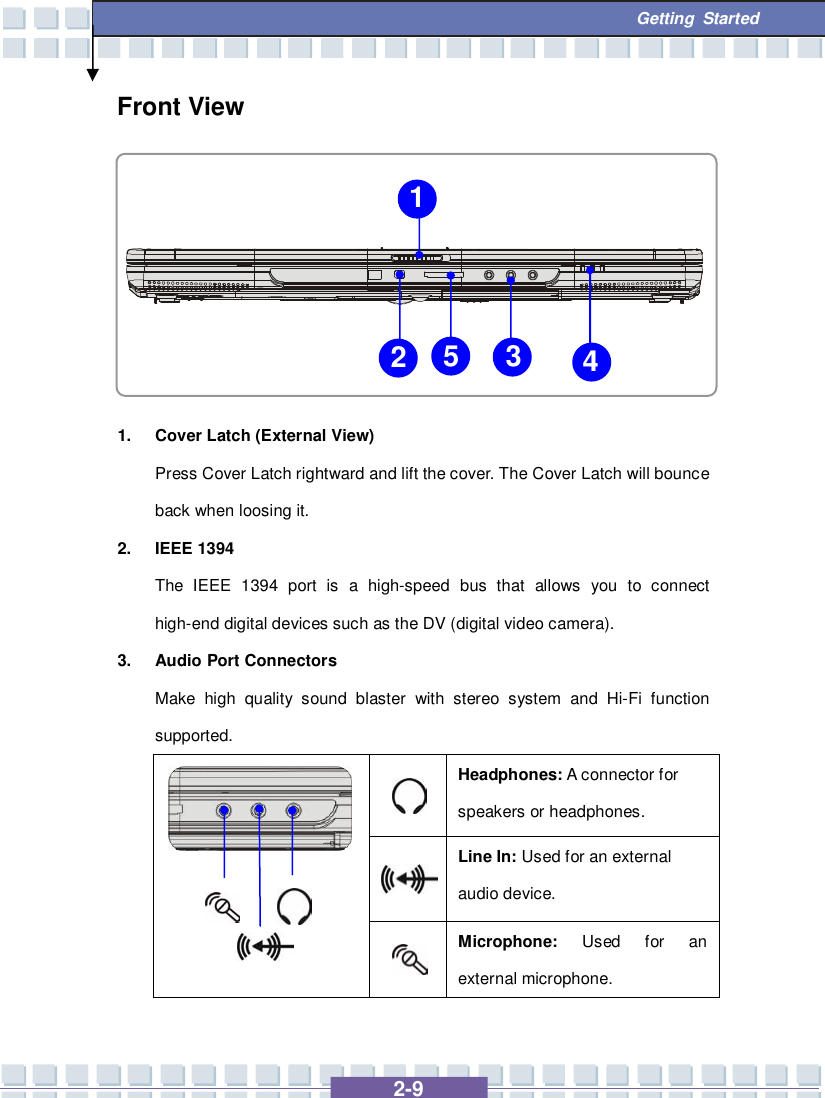   2-9  Getting Started Front View      1. Cover Latch (External View) Press Cover Latch rightward and lift the cover. The Cover Latch will bounce back when loosing it. 2. IEEE 1394   The IEEE 1394 port is a high-speed bus that allows you to connect high-end digital devices such as the DV (digital video camera). 3. Audio Port Connectors Make high quality sound blaster with stereo system and Hi-Fi function supported.   Headphones: A connector for speakers or headphones.  Line In: Used for an external audio device.           Microphone: Used for an external microphone.  2 1 3 4 5 