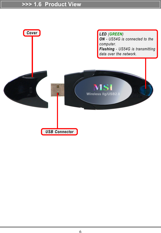 6&gt;&gt;&gt; 1.6  Product ViewUSB ConnectorLED (GREEN)ON - US54G is connected to thecomputer.Flashing - US54G is transmittingdata over the network.Cover