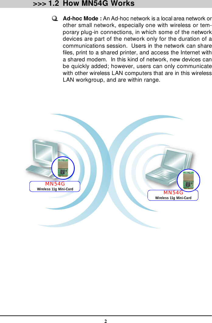 2How MN54G WorksAd-hoc Mode : An Ad-hoc network is a local area network orother small network, especially one with wireless or tem-porary plug-in connections, in which some of the networkdevices are part of the network only for the duration of acommunications session.  Users in the network can sharefiles, print to a shared printer, and access the Internet witha shared modem.  In this kind of network, new devices canbe quickly added; however, users can only communicatewith other wireless LAN computers that are in this wirelessLAN workgroup, and are within range.&gt;&gt;&gt; 1.2MN54GWireless 11g Mini-Card MN54GWireless 11g Mini-Card