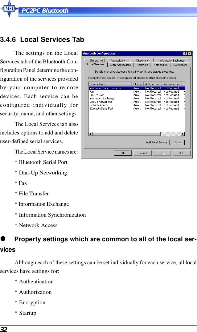 PC2PC Bluetooth323.4.6  Local Services TabThe settings on the LocalServices tab of the Bluetooth Con-figuration Panel determine the con-figuration of the services providedby your computer to remotedevices. Each service can beconfigured individually forsecurity, name, and other settings.The Local Services tab alsoincludes options to add and deleteuser-defined serial services.The Local Service names are:* Bluetooth Serial Port* Dial-Up Networking* Fax* File Transfer* Information Exchange* Information Synchronization* Network Access     Property settings which are common to all of the local ser-vicesAlthough each of these settings can be set individually for each service, all localservices have settings for:* Authentication* Authorization* Encryption* Startup