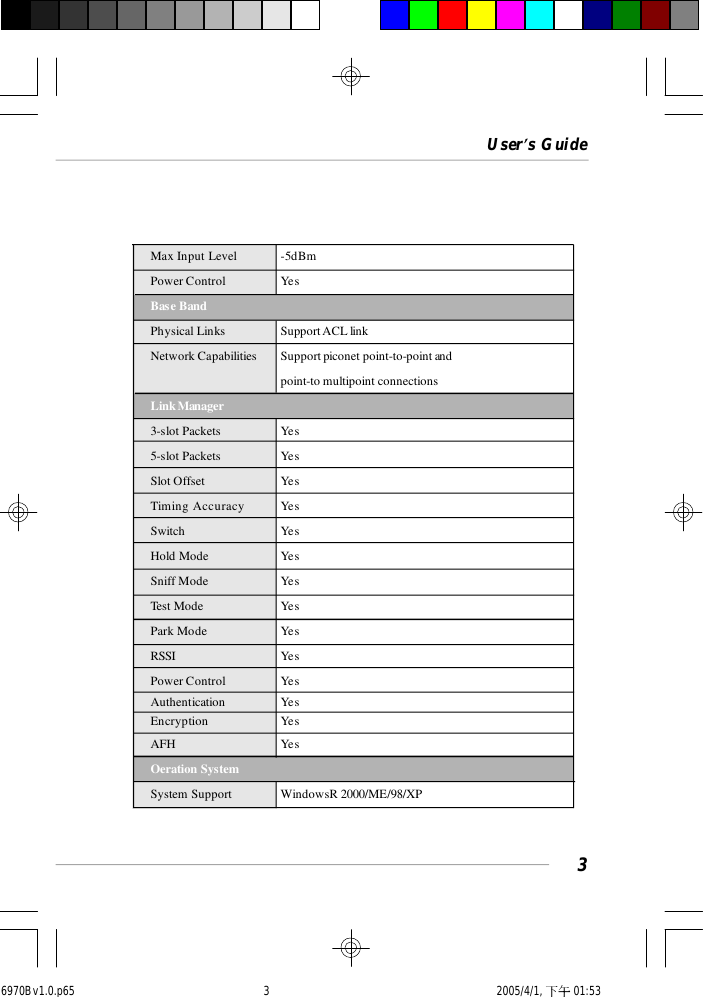 User’s Guide3Max Input Level -5dBmPower Control YesBase BandPhysical Links Support ACL linkNetwork Capabilities Support piconet point-to-point andpoint-to multipoint connectionsLink Manager3-slot Packets Yes5-slot Packets YesSlot Offset YesTiming Accuracy YesSwitch YesHold Mode YesSniff Mode YesTest Mode YesPark Mode YesRSSI YesPower Control YesAuthentication YesEncryption YesAFH YesOeration SystemSystem Support WindowsR 2000/ME/98/XP6970Bv1.0.p65  2005/4/1, 下午 01:533