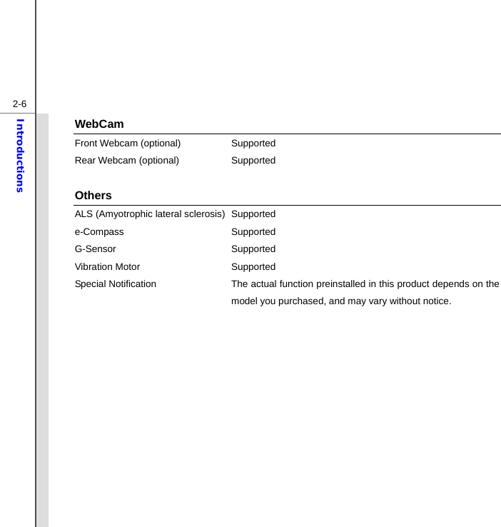  2-6Introductions WebCam Front Webcam (optional)  Supported Rear Webcam (optional)  Supported  Others ALS (Amyotrophic lateral sclerosis)  Supported e-Compass Supported G-Sensor Supported Vibration Motor  Supported Special Notification The actual function preinstalled in this product depends on the model you purchased, and may vary without notice.             