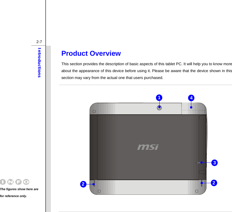  2-7Introductions Product Overview      This section provides the description of basic aspects of this tablet PC. It will help you to know more about the appearance of this device before using it. Please be aware that the device shown in this section may vary from the actual one that users purchased.    1 3 2 4 The figures show here are for reference only. 2 