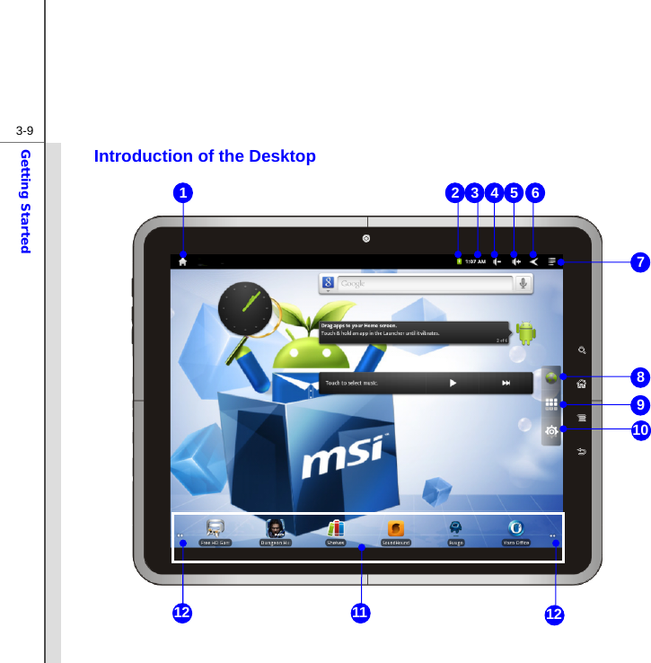  3-9Getting Started Introduction of the Desktop                       1  3 7 6 2  5 4 10 8 9 11 12  12 