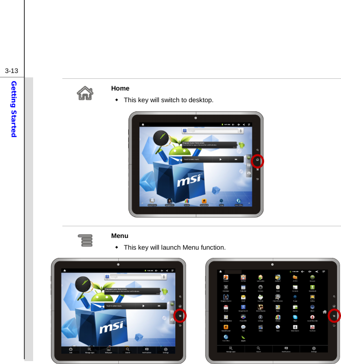  3-13Getting Started  Home   This key will switch to desktop.            Menu   This key will launch Menu function.           