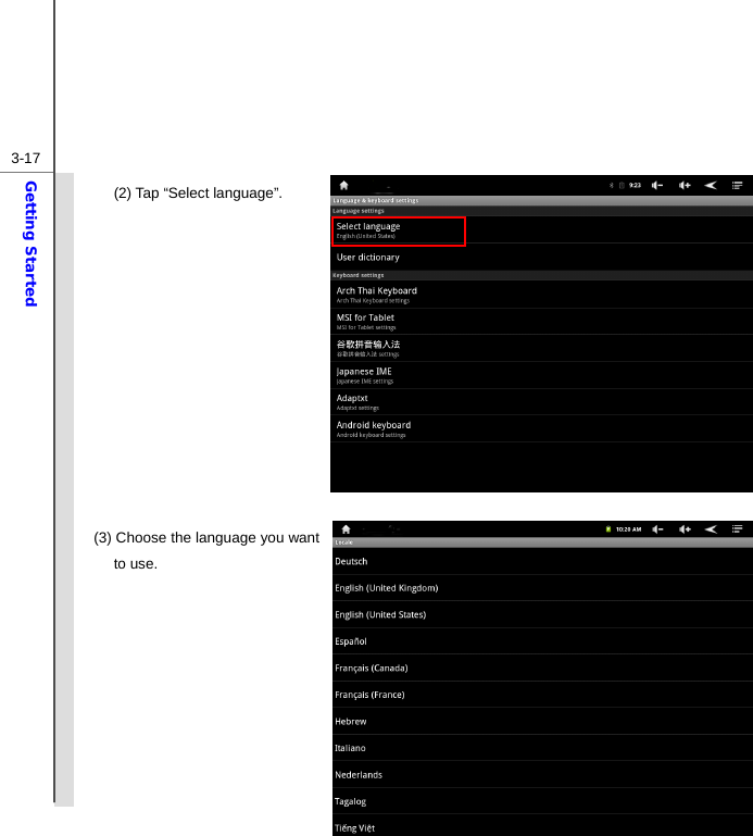  3-17Getting Started (2) Tap “Select language”.             (3) Choose the language you want to use.                