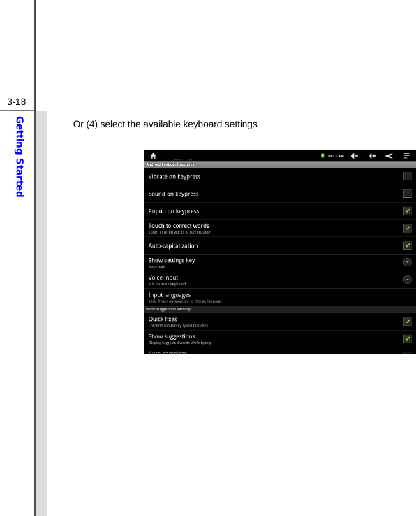  3-18Getting Started Or (4) select the available keyboard settings                      