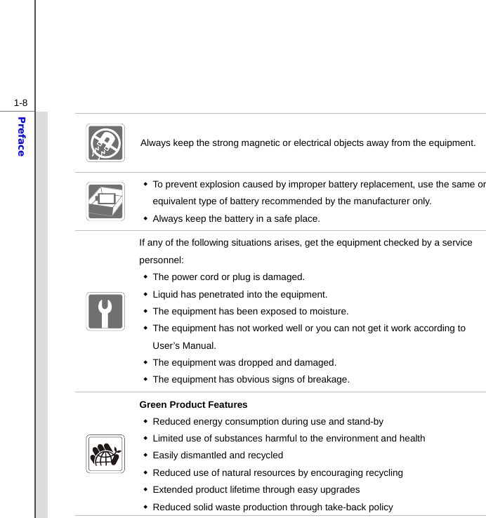  1-8Preface  Always keep the strong magnetic or electrical objects away from the equipment.    To prevent explosion caused by improper battery replacement, use the same or equivalent type of battery recommended by the manufacturer only.   Always keep the battery in a safe place.  If any of the following situations arises, get the equipment checked by a service personnel:   The power cord or plug is damaged.   Liquid has penetrated into the equipment.   The equipment has been exposed to moisture.   The equipment has not worked well or you can not get it work according to User’s Manual.   The equipment was dropped and damaged.   The equipment has obvious signs of breakage.  Green Product Features   Reduced energy consumption during use and stand-by   Limited use of substances harmful to the environment and health   Easily dismantled and recycled   Reduced use of natural resources by encouraging recycling   Extended product lifetime through easy upgrades   Reduced solid waste production through take-back policy 