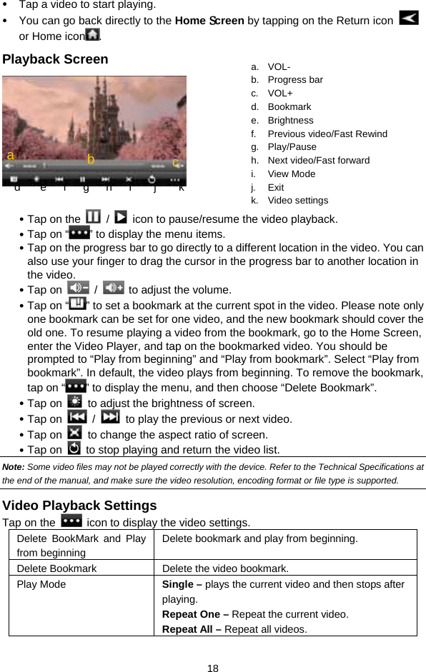  18  Tap a video to start playing.    You can go back directly to the Home Screen by tapping on the Return icon   or Home icon . Playback Screen      Tap on the   /    icon to pause/resume the video playback.  Tap on “ ” to display the menu items.  Tap on the progress bar to go directly to a different location in the video. You can also use your finger to drag the cursor in the progress bar to another location in the video.  Tap on   /    to adjust the volume.    Tap on “ ” to set a bookmark at the current spot in the video. Please note only one bookmark can be set for one video, and the new bookmark should cover the old one. To resume playing a video from the bookmark, go to the Home Screen, enter the Video Player, and tap on the bookmarked video. You should be prompted to “Play from beginning” and “Play from bookmark”. Select “Play from bookmark”. In default, the video plays from beginning. To remove the bookmark, tap on “ ” to display the menu, and then choose “Delete Bookmark”.  Tap on    to adjust the brightness of screen.  Tap on   /    to play the previous or next video.  Tap on    to change the aspect ratio of screen.  Tap on    to stop playing and return the video list.   Note: Some video files may not be played correctly with the device. Refer to the Technical Specifications at the end of the manual, and make sure the video resolution, encoding format or file type is supported.  Video Playback Settings Tap on the    icon to display the video settings. Delete BookMark and Play from beginning Delete bookmark and play from beginning.   Delete Bookmark Delete the video bookmark. Play Mode  Single – plays the current video and then stops after playing.  Repeat One – Repeat the current video.   Repeat All – Repeat all videos.   a. VOL- b. Progress bar c. VOL+ d. Bookmark e. Brightness f.  Previous video/Fast Rewind g. Play/Pause h. Next video/Fast forward i. View Mode j. Exit k. Video settings a  b d    e   f   g   h   i    j    k c