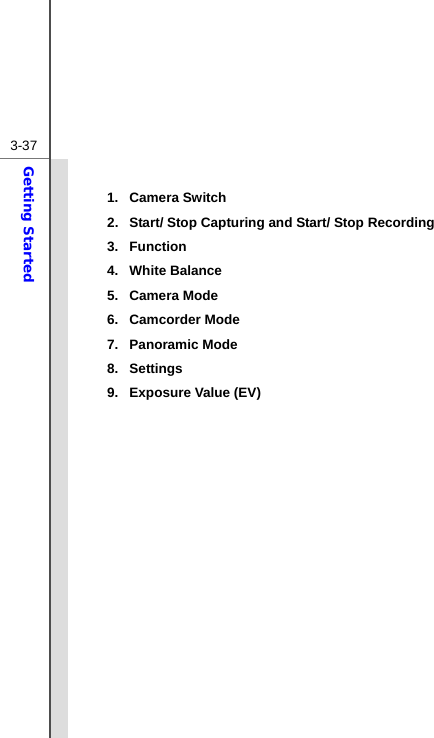  3-37Getting Started  1. Camera Switch 2.  Start/ Stop Capturing and Start/ Stop Recording 3. Function 4. White Balance 5. Camera Mode 6. Camcorder Mode 7. Panoramic Mode 8. Settings 9. Exposure Value (EV)              