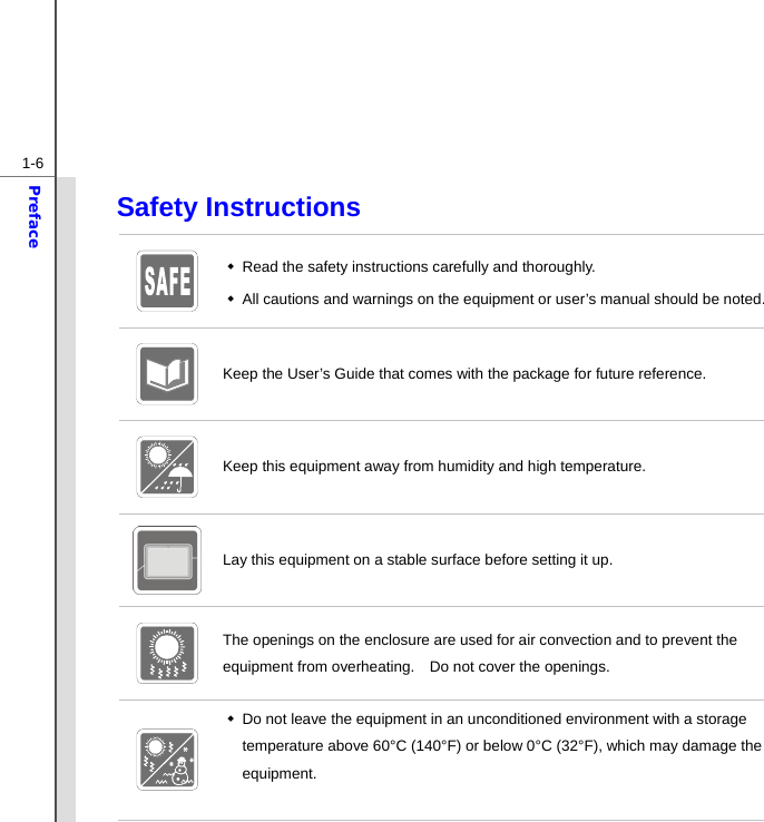  1-6Preface Safety Instructions    Read the safety instructions carefully and thoroughly.       All cautions and warnings on the equipment or user’s manual should be noted.  Keep the User’s Guide that comes with the package for future reference.  Keep this equipment away from humidity and high temperature. Lay this equipment on a stable surface before setting it up.  The openings on the enclosure are used for air convection and to prevent the equipment from overheating.    Do not cover the openings.    Do not leave the equipment in an unconditioned environment with a storage temperature above 60°C (140°F) or below 0°C (32°F), which may damage the equipment.  