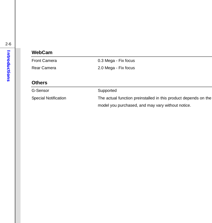  2-6Introductions WebCam Front Camera  0.3 Mega - Fix focus Rear Camera  2.0 Mega - Fix focus  Others G-Sensor Supported Special Notification The actual function preinstalled in this product depends on the model you purchased, and may vary without notice.              