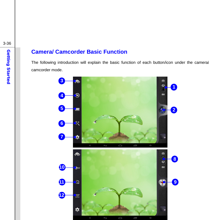  3-36Getting Started Camera/ Camcorder Basic Function The following introduction will explain the basic function of each button/icon under the camera/ camcorder mode.       3 4 5 6 1 2 8 7 9 10 11 12 