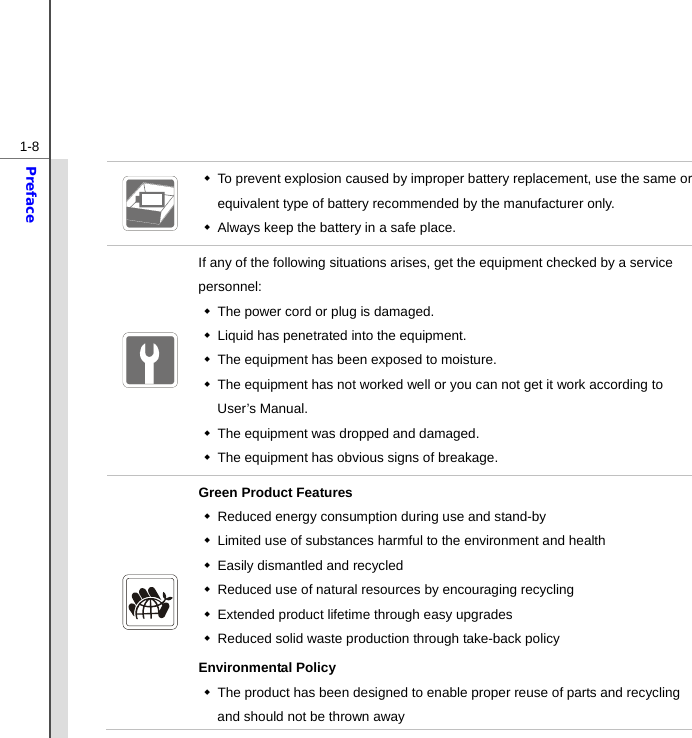  1-8Preface    To prevent explosion caused by improper battery replacement, use the same or equivalent type of battery recommended by the manufacturer only.   Always keep the battery in a safe place.  If any of the following situations arises, get the equipment checked by a service personnel:   The power cord or plug is damaged.   Liquid has penetrated into the equipment.   The equipment has been exposed to moisture.   The equipment has not worked well or you can not get it work according to User’s Manual.   The equipment was dropped and damaged.   The equipment has obvious signs of breakage.  Green Product Features   Reduced energy consumption during use and stand-by   Limited use of substances harmful to the environment and health   Easily dismantled and recycled   Reduced use of natural resources by encouraging recycling   Extended product lifetime through easy upgrades   Reduced solid waste production through take-back policy Environmental Policy   The product has been designed to enable proper reuse of parts and recycling and should not be thrown away 