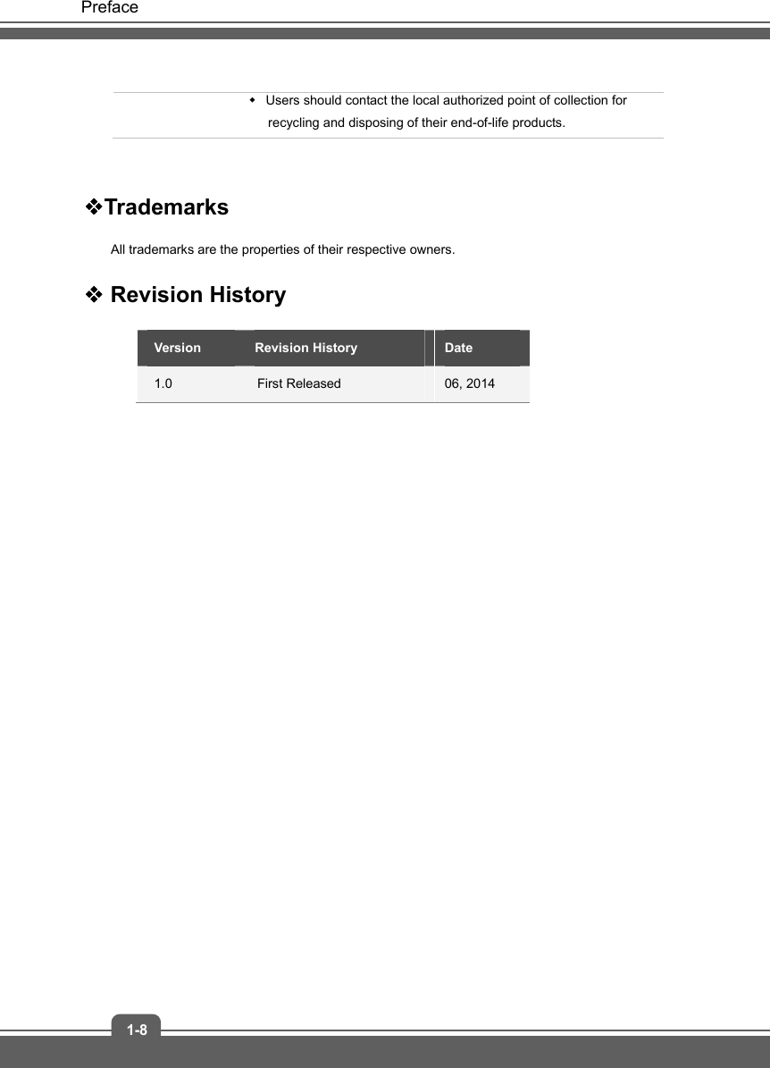   Preface 1-8   Users should contact the local authorized point of collection for recycling and disposing of their end-of-life products.  Trademarks All trademarks are the properties of their respective owners.  Revision History  Version  Revision History  Date  1.0  First Released  06, 2014                  