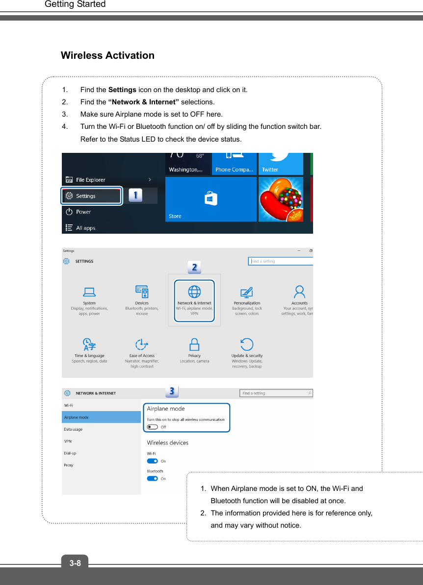   Getting Started 3-8 Wireless Activation  1. Find the Settings icon on the desktop and click on it. 2. Find the “Network &amp; Internet” selections. 3.  Make sure Airplane mode is set to OFF here. 4.  Turn the Wi-Fi or Bluetooth function on/ off by sliding the function switch bar.     Refer to the Status LED to check the device status.      1.  When Airplane mode is set to ON, the Wi-Fi and   Bluetooth function will be disabled at once. 2.  The information provided here is for reference only,   and may vary without notice. 