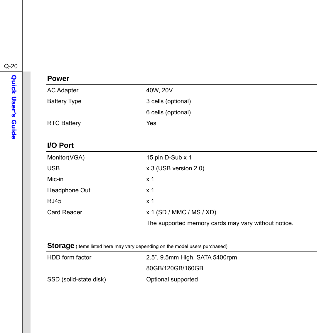  Q-20Quick User’s Guide  Power AC Adapter  40W, 20V Battery Type  3 cells (optional)     6 cells (optional) RTC Battery  Yes  I/O Port Monitor(VGA)  15 pin D-Sub x 1 USB  x 3 (USB version 2.0)   Mic-in x 1 Headphone Out  x 1 RJ45 x 1 Card Reader  x 1 (SD / MMC / MS / XD)   The supported memory cards may vary without notice.  Storage (Items listed here may vary depending on the model users purchased) HDD form factor  2.5”, 9.5mm High, SATA 5400rpm    80GB/120GB/160GB SSD (solid-state disk)  Optional supported      